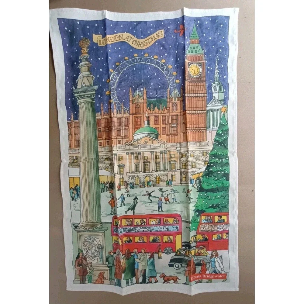 NWT Emma Bridgewater London Christmas Tea Towel Big Ben Eye Red Bus Skate Taxi